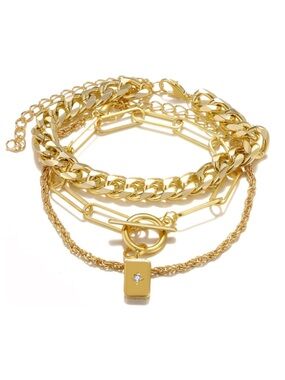 Modern Gold Layered Bracelet Set Cuban Link Paperclip Chain